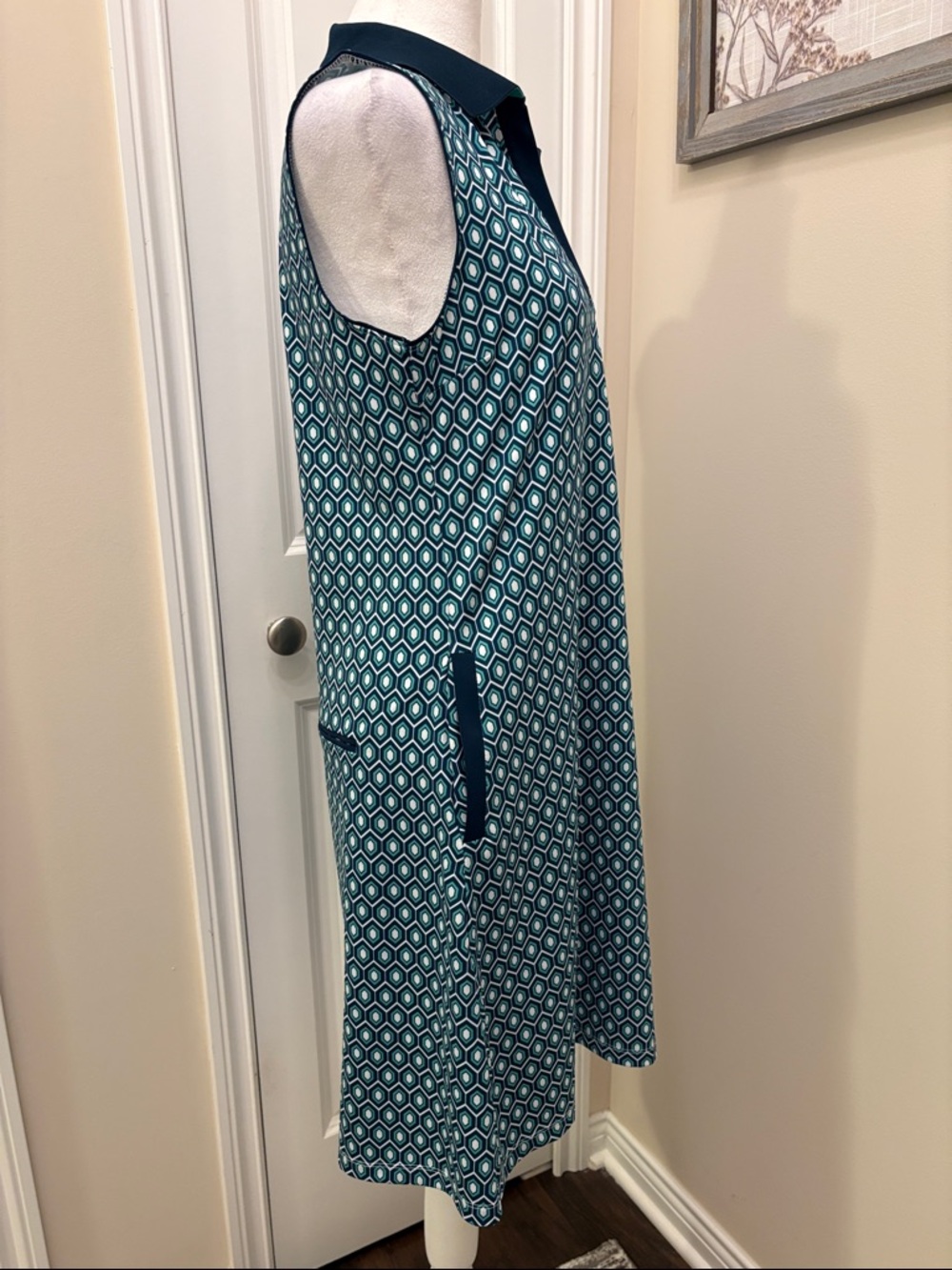 Sleeveless Teal Geometric Short Skirt Dress with Navy Trim size Large NNT - Picture 6 of 15